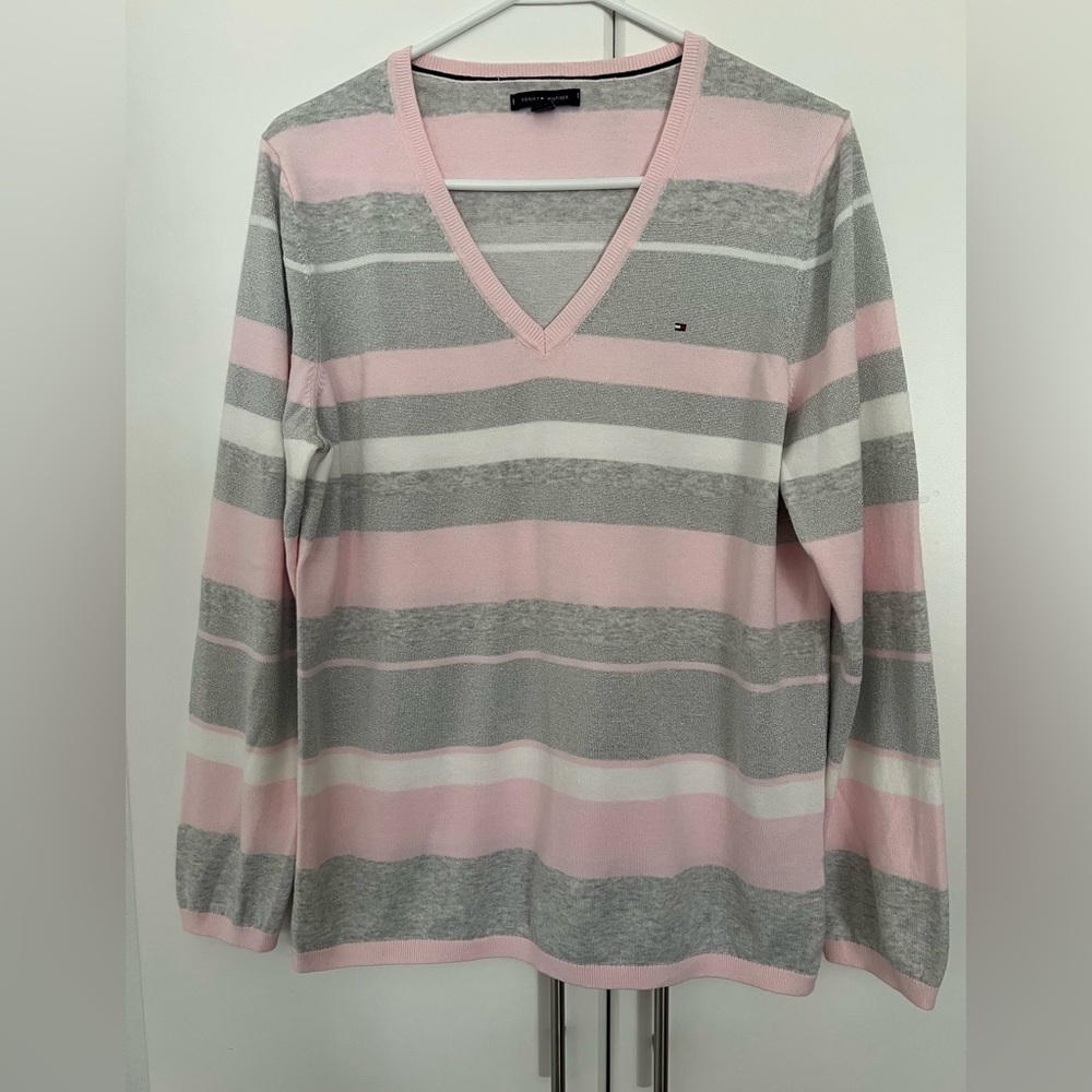 Tommy Hilfiger Women's Pink and Gray Striped V-Neck Top Sz XL